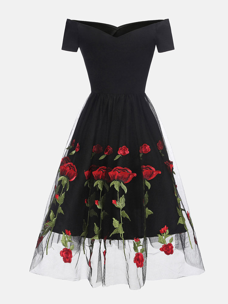 Women's Embroidered Rose Mesh Party Dress