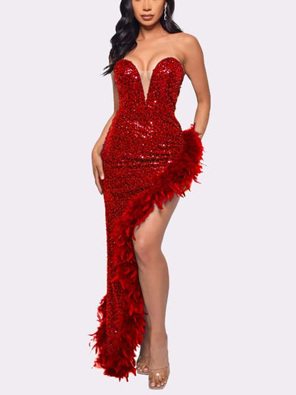 Women's Sequin Feather Trimmed Dress