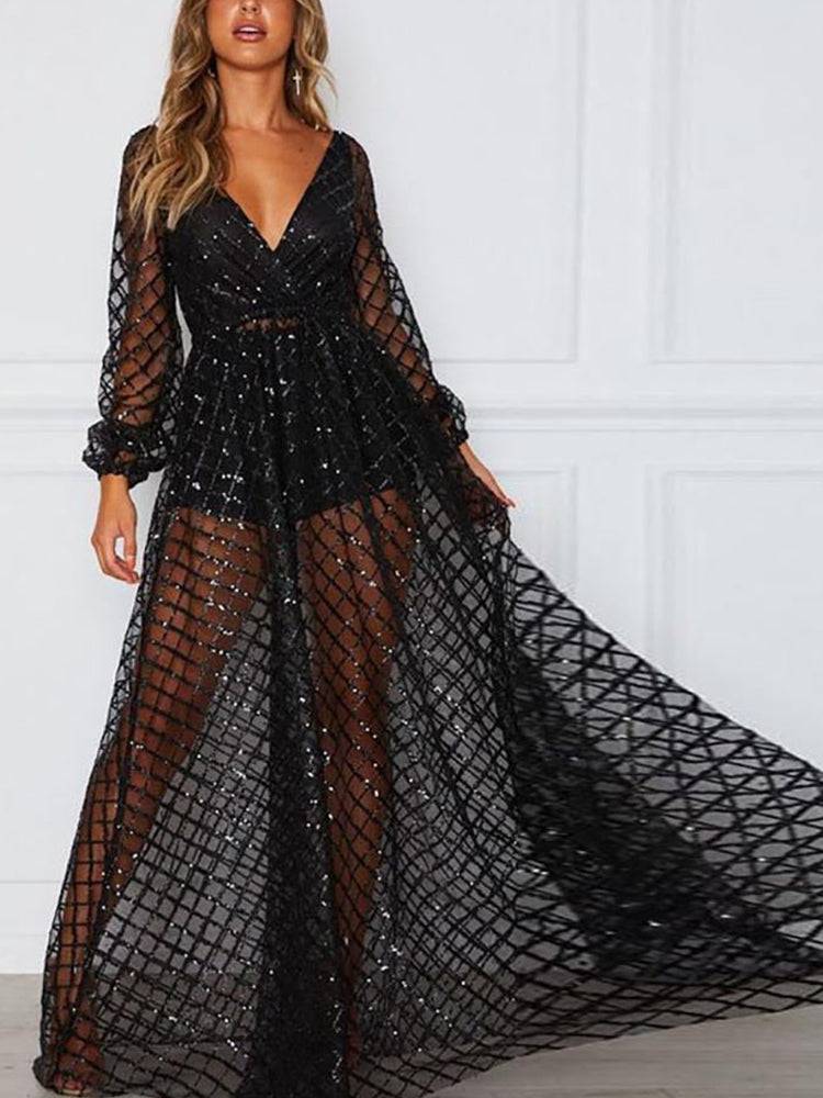 Women's Sequin Mesh V Neck Maxi Dress