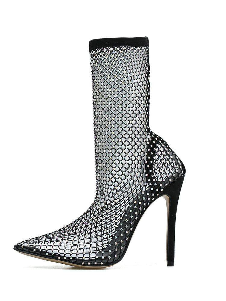 Fishnet Mesh Rhinestone Stiletto Heel Boots