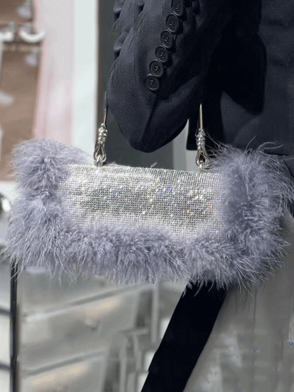 Women's Furry Rhinestone Evening Clutch Bag