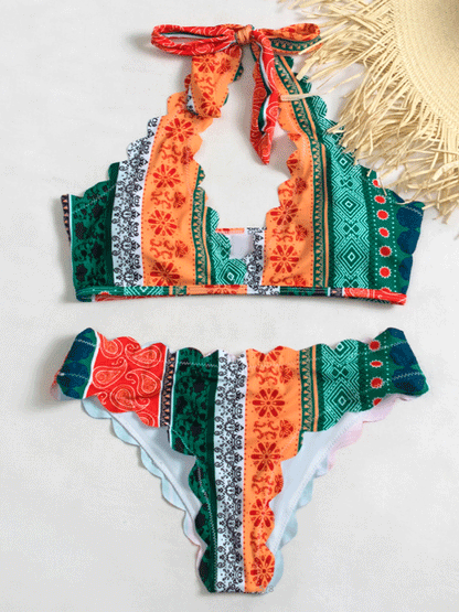 Wavy Halter Lace Up Bikini