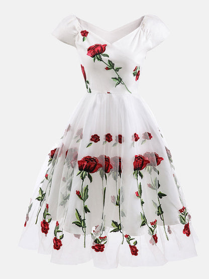 Women's Embroidered Rose Mesh Party Dress