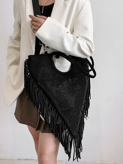 Women's Rhinestone Decor Fringe Trim Shoulder Bag