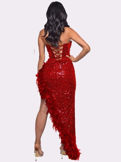 Women's Sequin Feather Trimmed Dress