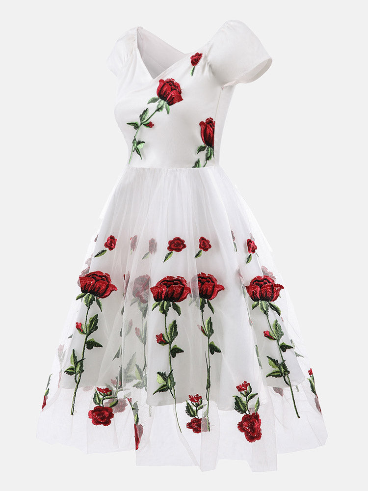 Women's Embroidered Rose Mesh Party Dress