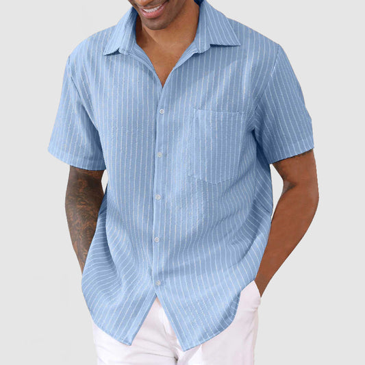 Men's Casual Cotton Linen Striped Short Sleeve Shirt