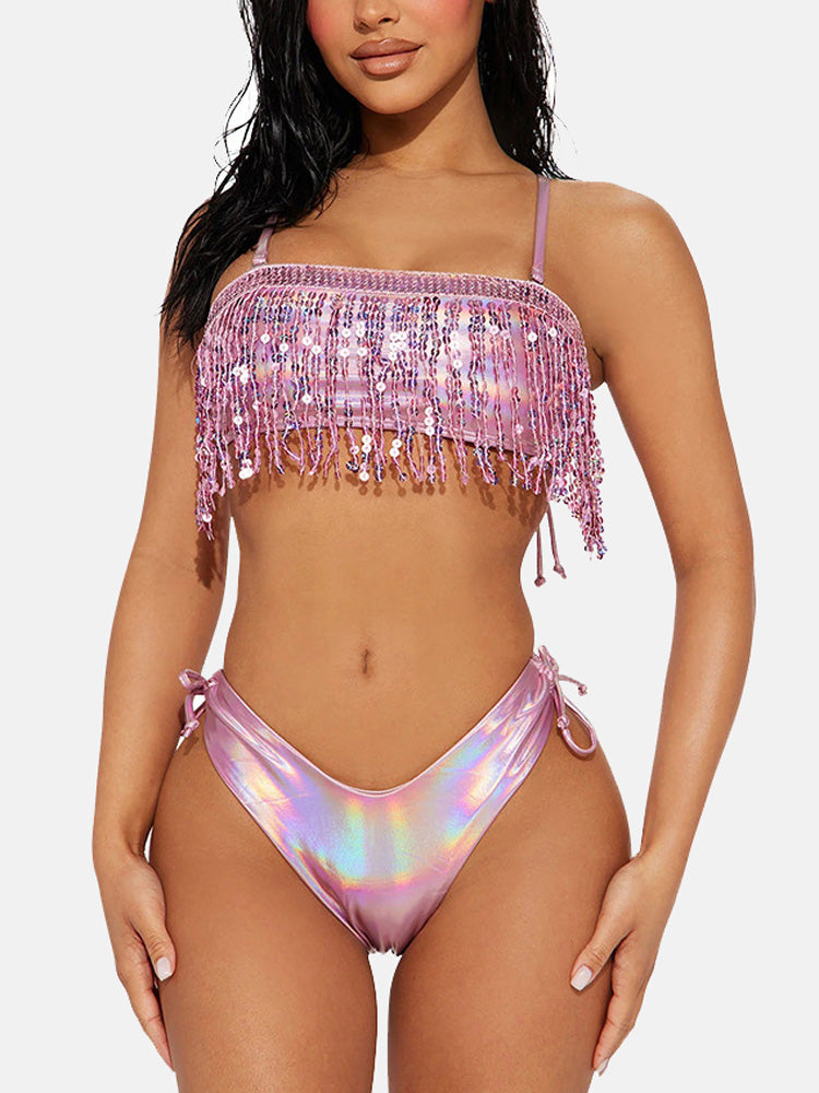 Sequins Metallic Tassels Bikini Set