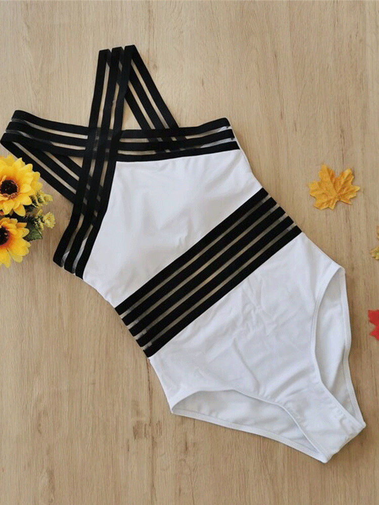 Halter Cross Tie Stripe Swimsuit