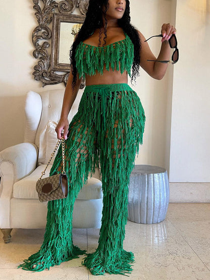 Crochet Tassels Crop Top ＆ Pants Set