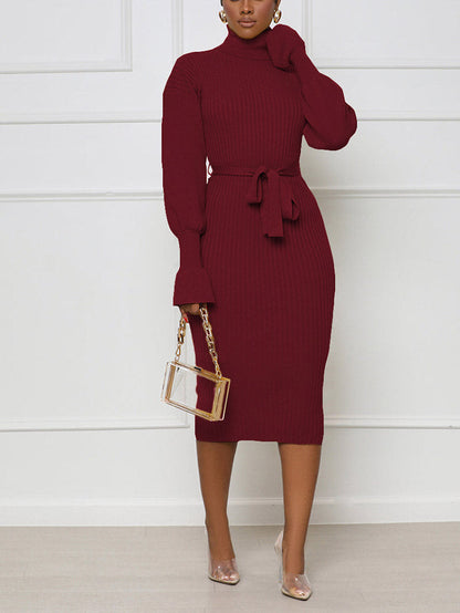 Turtleneck Knit Tie Waist Dress