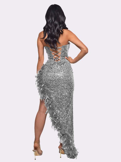 Women's Sequin Feather Trimmed Dress