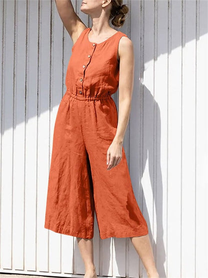 Women's Sleeveless Solid Button Elastic Waist Cotton Linen Wide Leg Jumpsuit