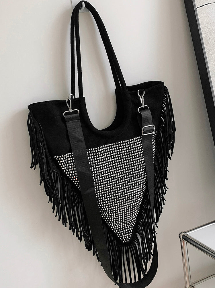 Women's Rhinestone Decor Fringe Trim Shoulder Bag