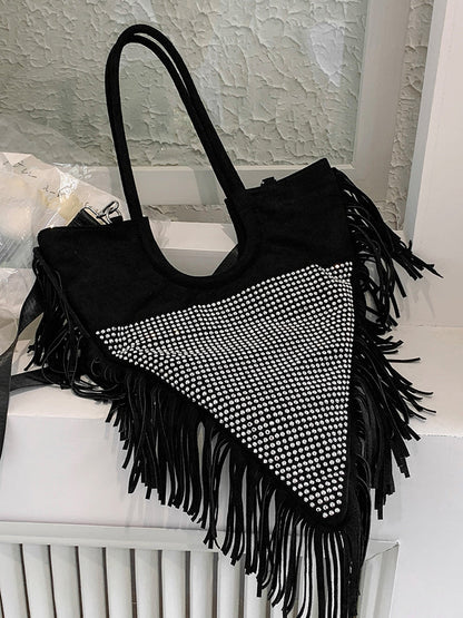 Women's Rhinestone Decor Fringe Trim Shoulder Bag