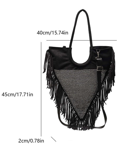 Women's Rhinestone Decor Fringe Trim Shoulder Bag