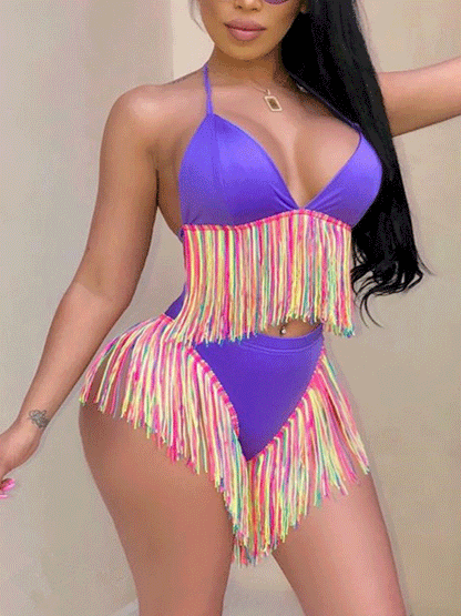 Multicolor Fringe Halter Bikini