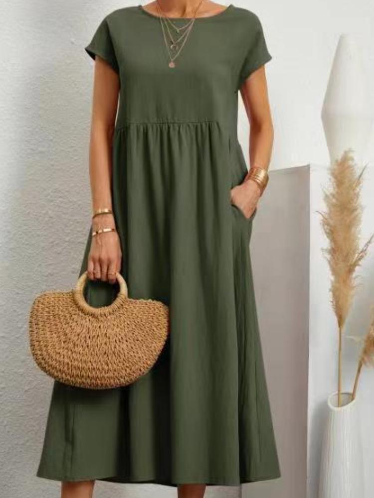 Solid Color Loose Cotton And Linen Pocket Dress