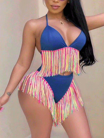 Multicolor Fringe Halter Bikini