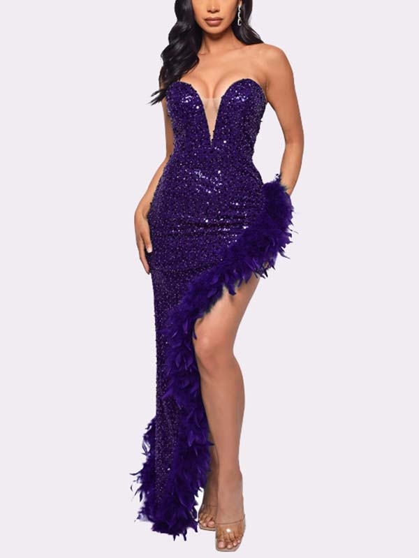 Women's Sequin Feather Trimmed Dress