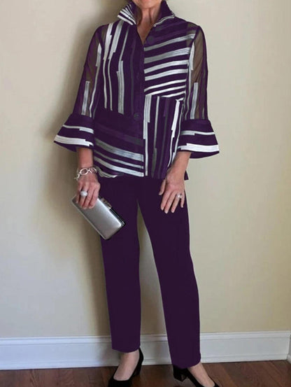 Women's Elegant Striped Pattern Blouse And Pants