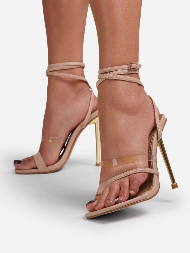 Square Toe Ankle Strap Metallic Heels