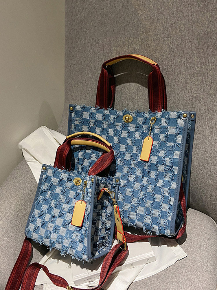 Women's Denim Checkerboard Tote Bag