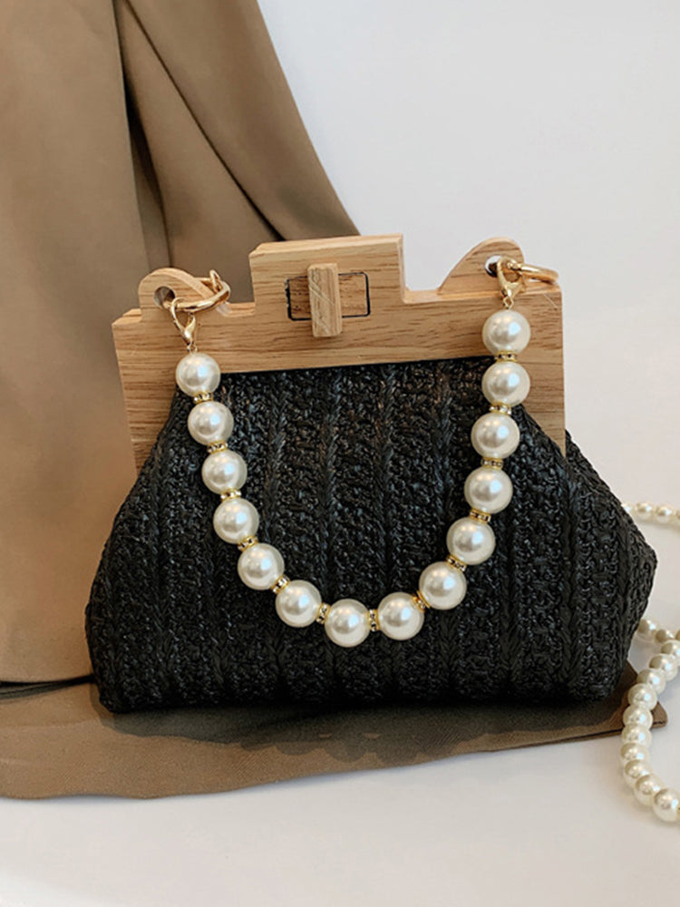 Women's Pearl Decor Twist Lock Straw Bag