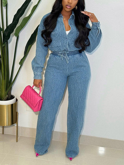 Denim Crop Jacket  Pants Set