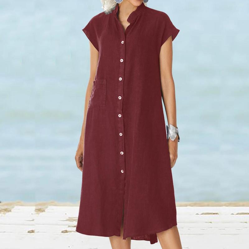 Women's Stand Up Collar Button Down Cotton And Linen Dress With A Pocket