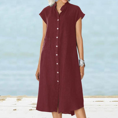 Women's Stand Up Collar Button Down Cotton And Linen Dress With A Pocket