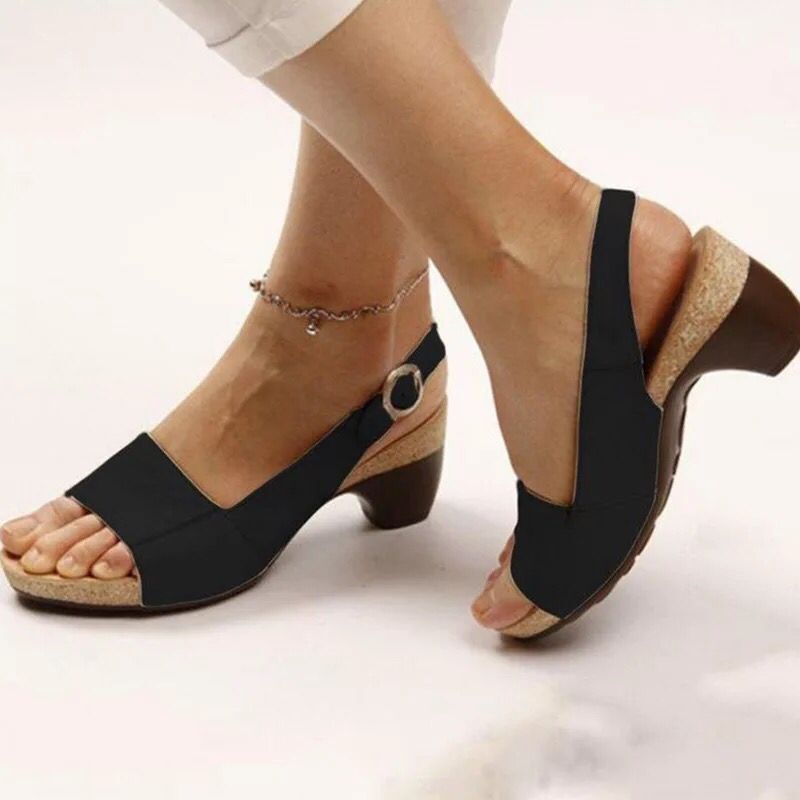 Women's Solid Color Chunky Heel Buckle Sandals