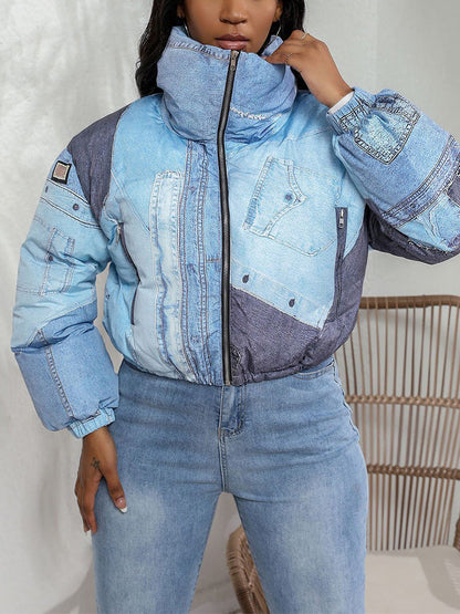 Denim Printed Puffer Jacket