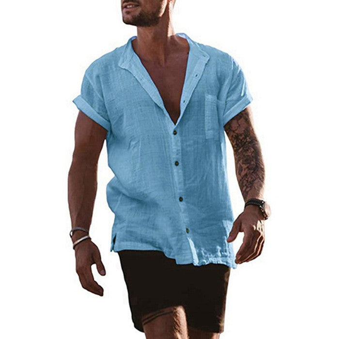 Men's Cotton Linen Solid Loose Short Sleeve Pocket Simple Casual Shirt