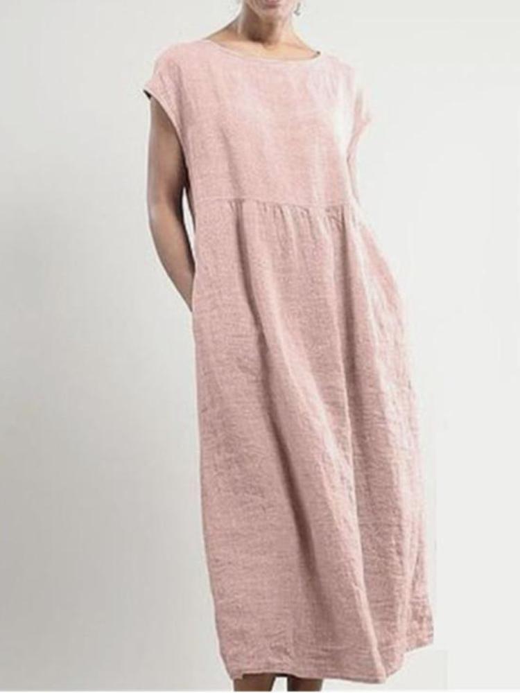 Solid Color Loose Cotton And Linen Pocket Dress