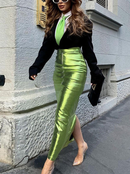 Metallic Back Slit Maxi Skirt