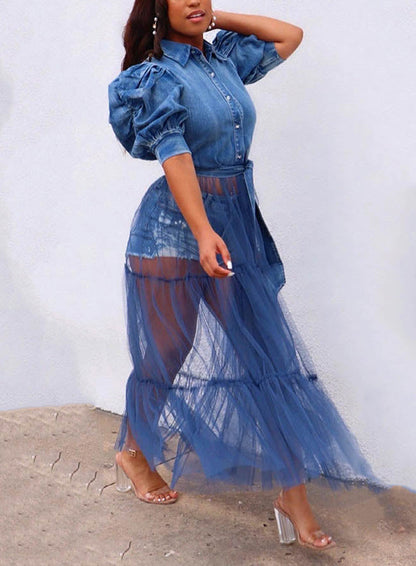 Denim Mesh Tulle Top