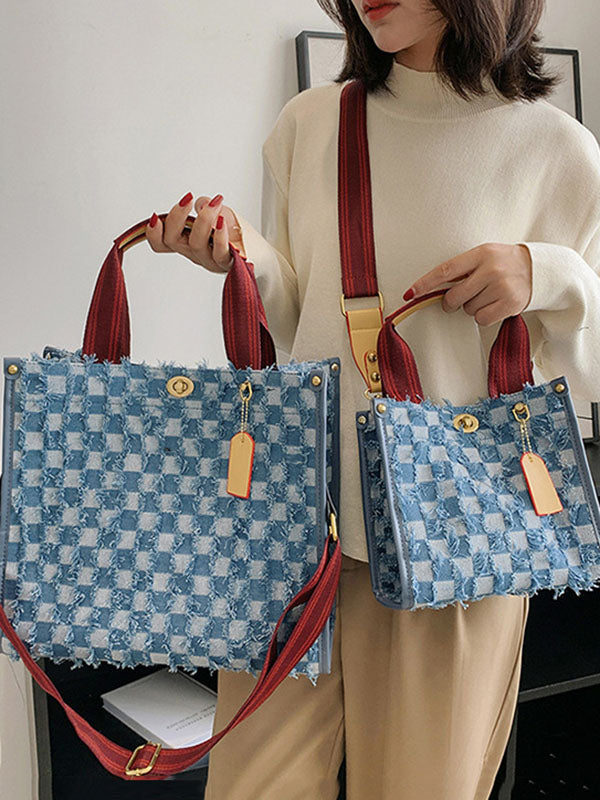 Women's Denim Checkerboard Tote Bag