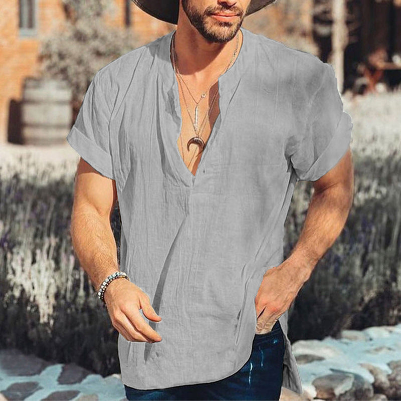 Men's round neck linen short sleeve shirt