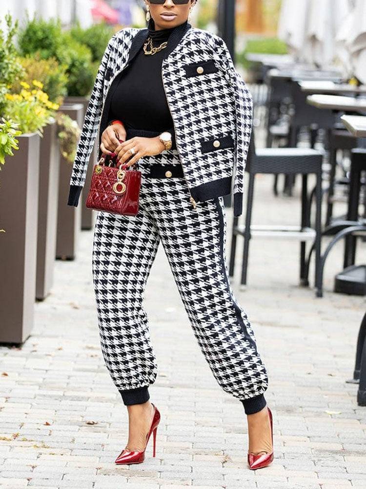 Houndstooth Zipper Patchwork Pants Set