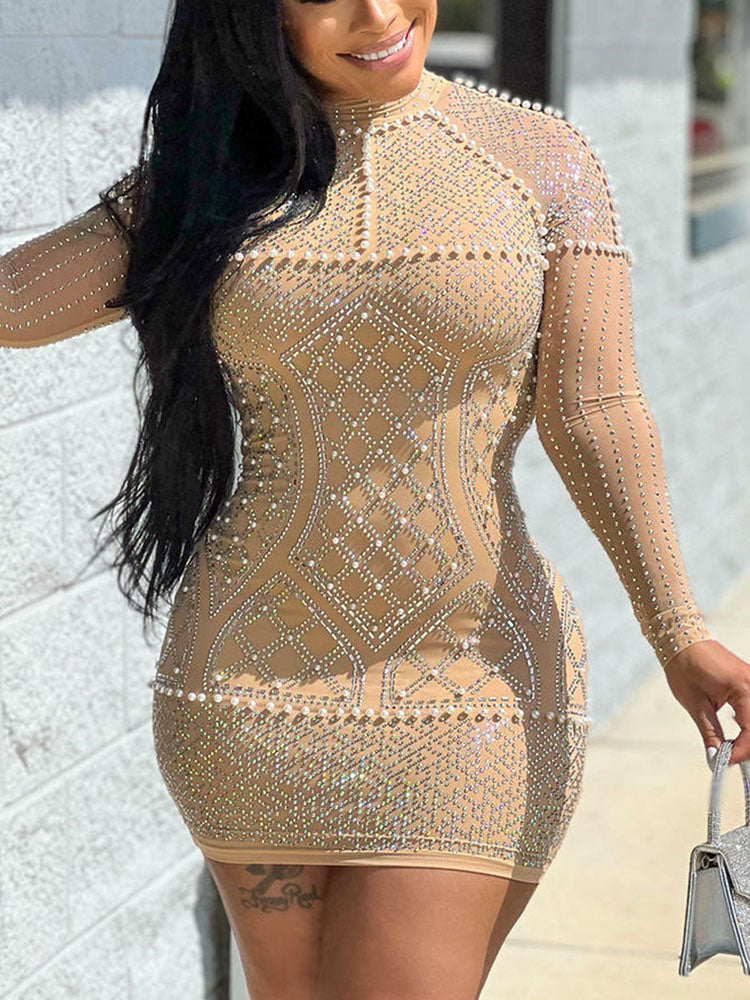 Women's Rhinestone Beaded Mesh Dress