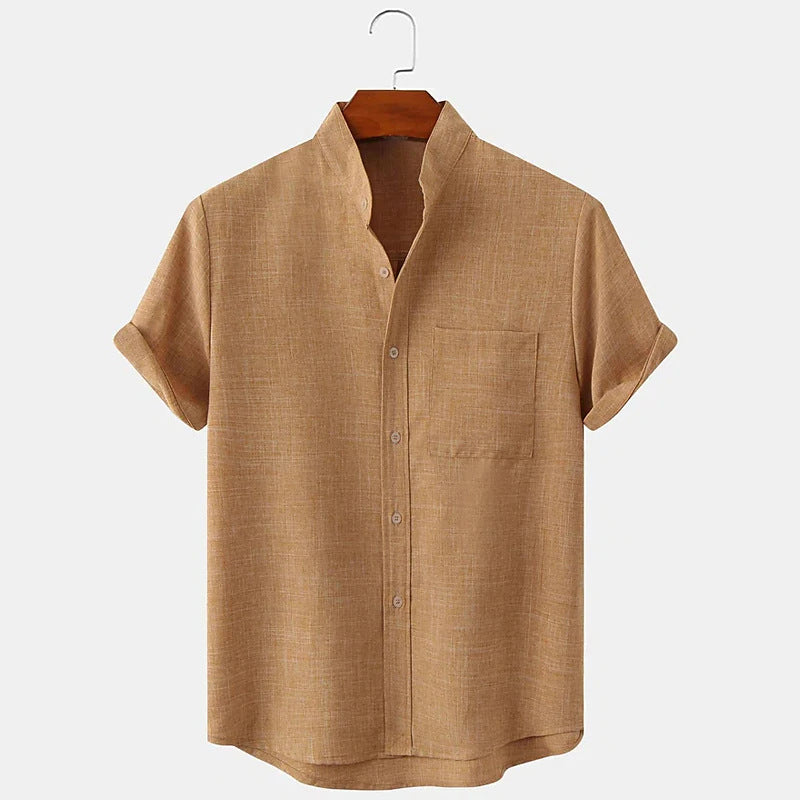Men's Solid Color Linen Short Sleeve Lapel Shirt