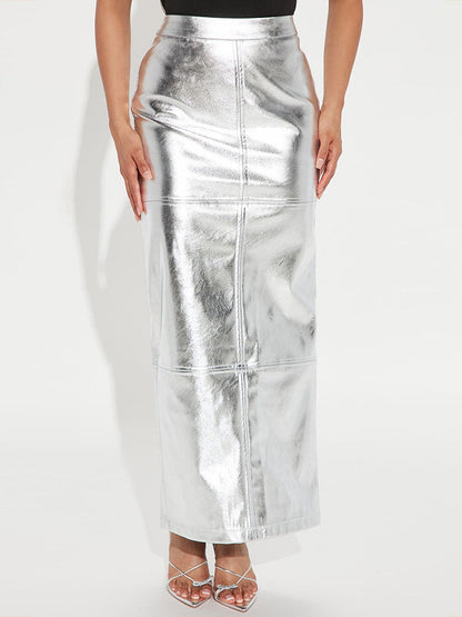 Metallic Back Slit Maxi Skirt