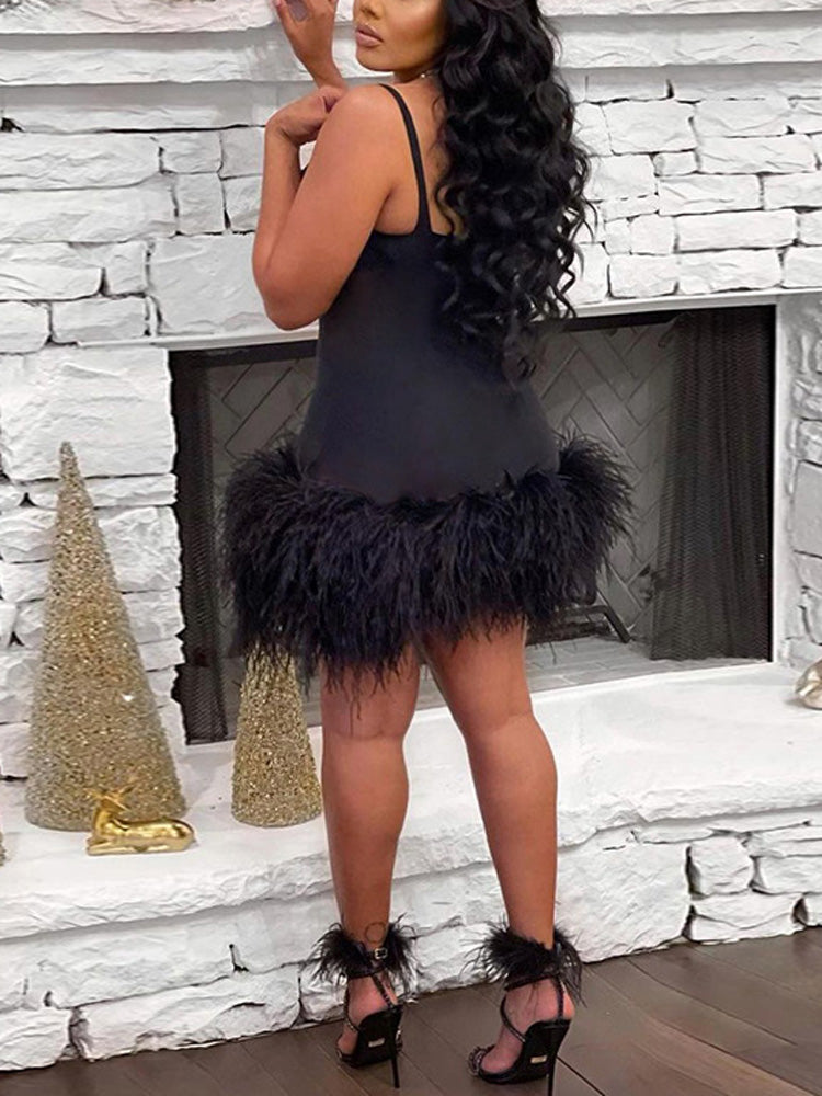 Women's Spaghetti Strap Feather Mesh Dress