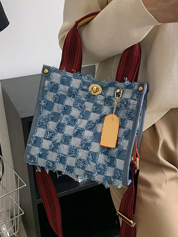 Women's Denim Checkerboard Tote Bag