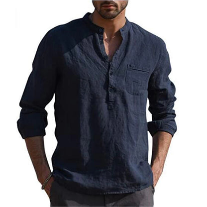 Men's Cotton Linen Summer Solid Color  Stand-Up Collar Long-Sleeved Shirts