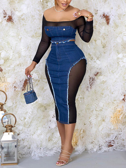 Denim Mesh Skirt Set