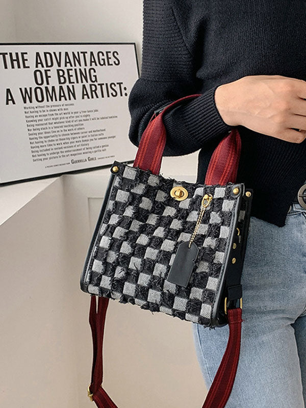 Women's Denim Checkerboard Tote Bag