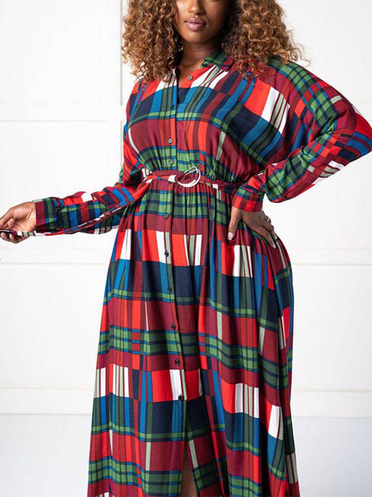 Plaid Print Shirt Collar Maxi Dress