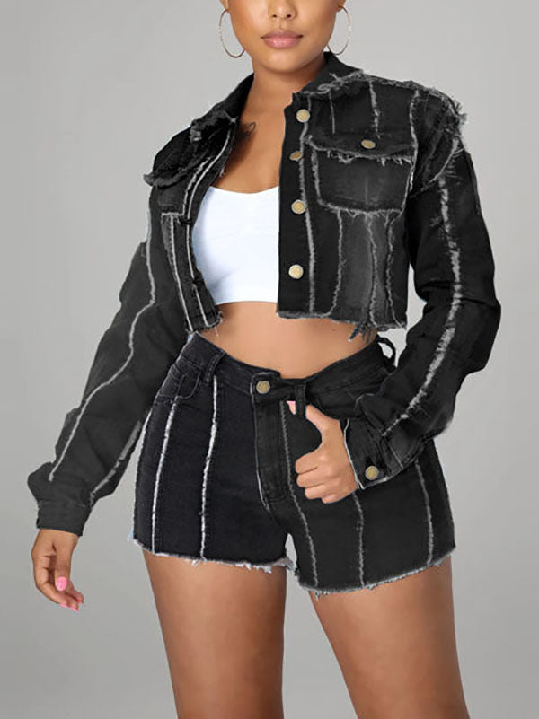 Denim Cropped Jacket  Short Set